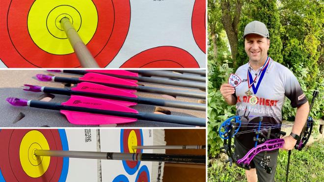 Collage of images showing Tim Wilson wearing two state championship medals as well as some photos of arrows in the middle of various archery targets.