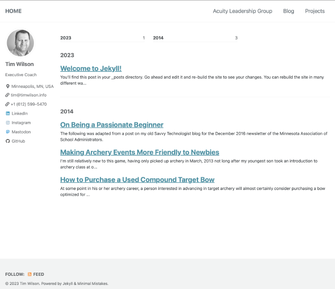 Screenshot showing the standard blog layout of a Jekyll site using the Minimal Mistakes theme.