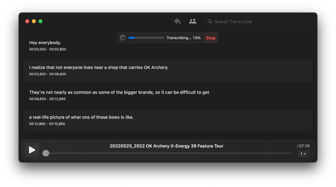 Screenshot showing the process of the MacWhisper application transcribing MP3 audio into a time-encoded transcript.