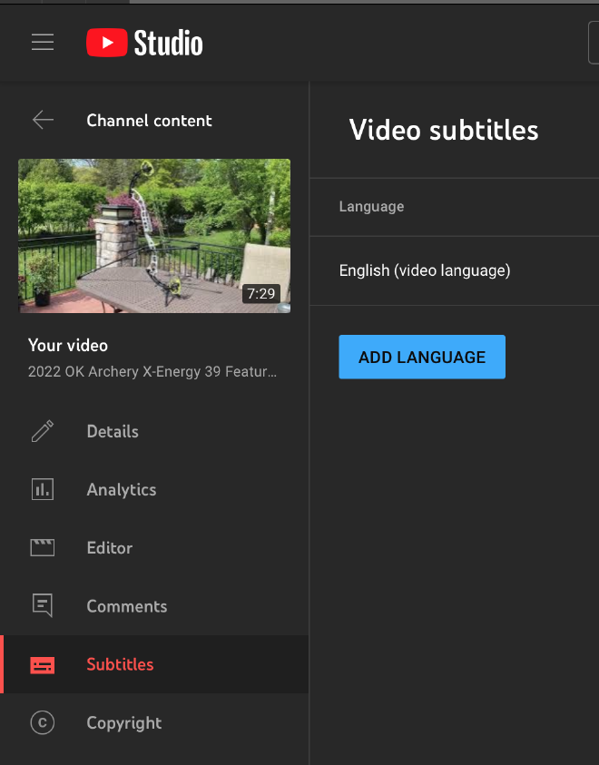 Screenshot showing where to find the subtitles option in YouTube Studio.